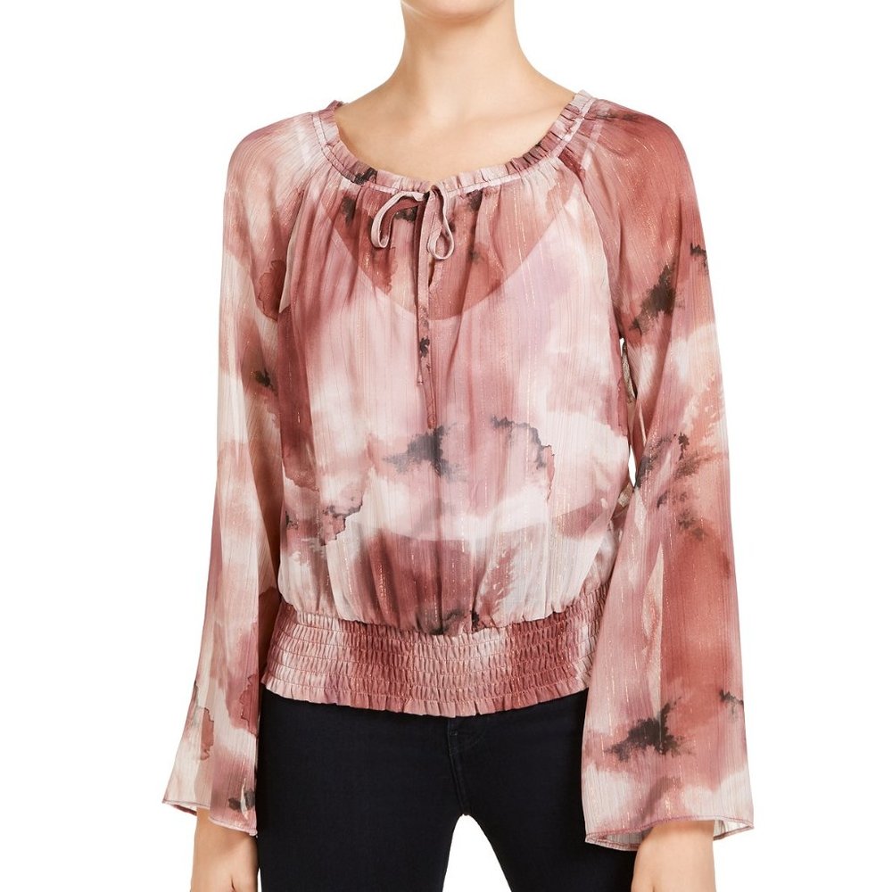 NWOT INC Metallic Printed Smocked Peasant Top sz L